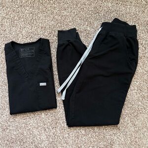 FIGS Black Catrina One Pocket Scrub Top and Zamora Jogger Scrub Pants